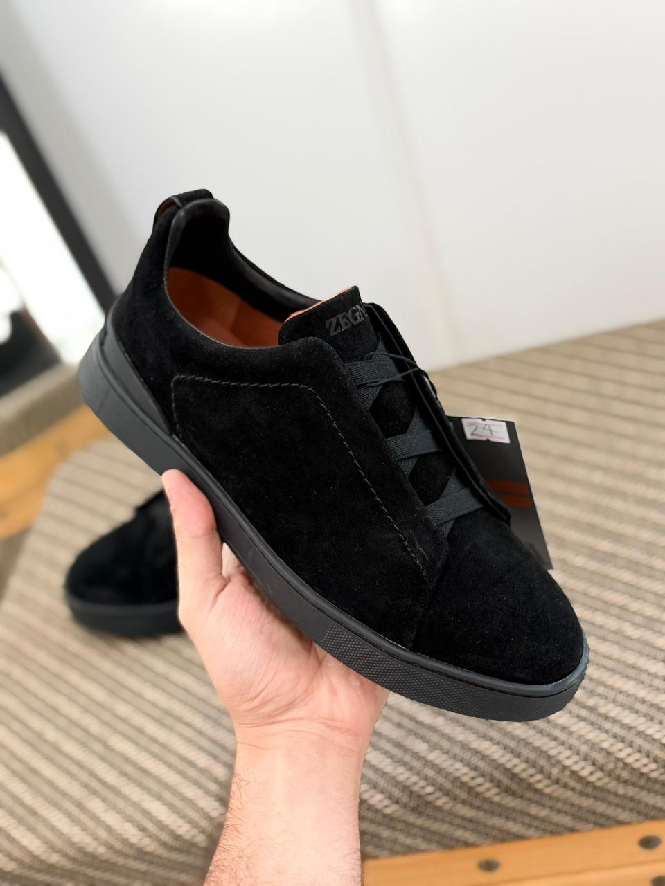 ZEGNA Black Suede Triple Stitch Sneakers