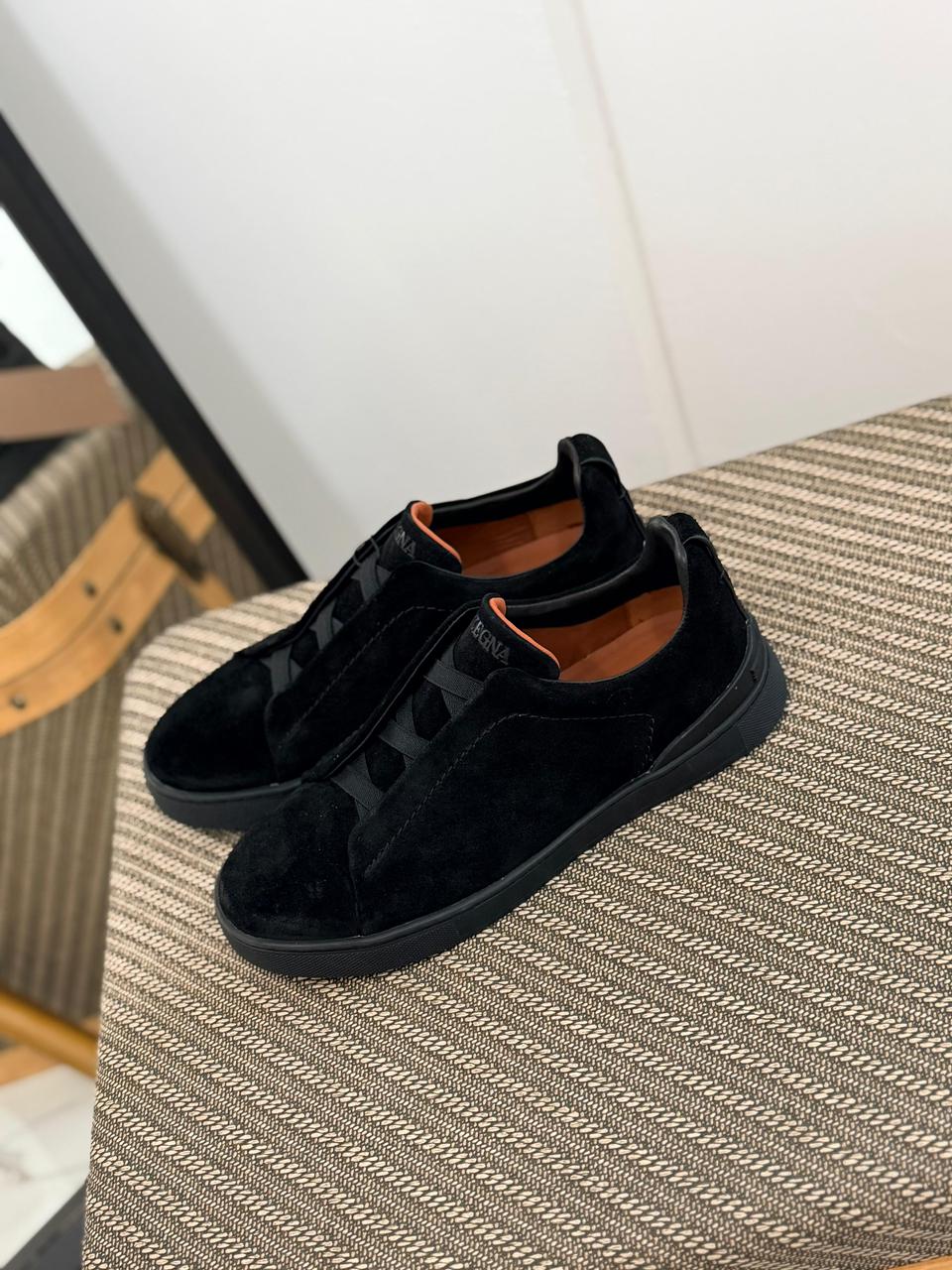 ZEGNA Black Suede Triple Stitch Sneakers