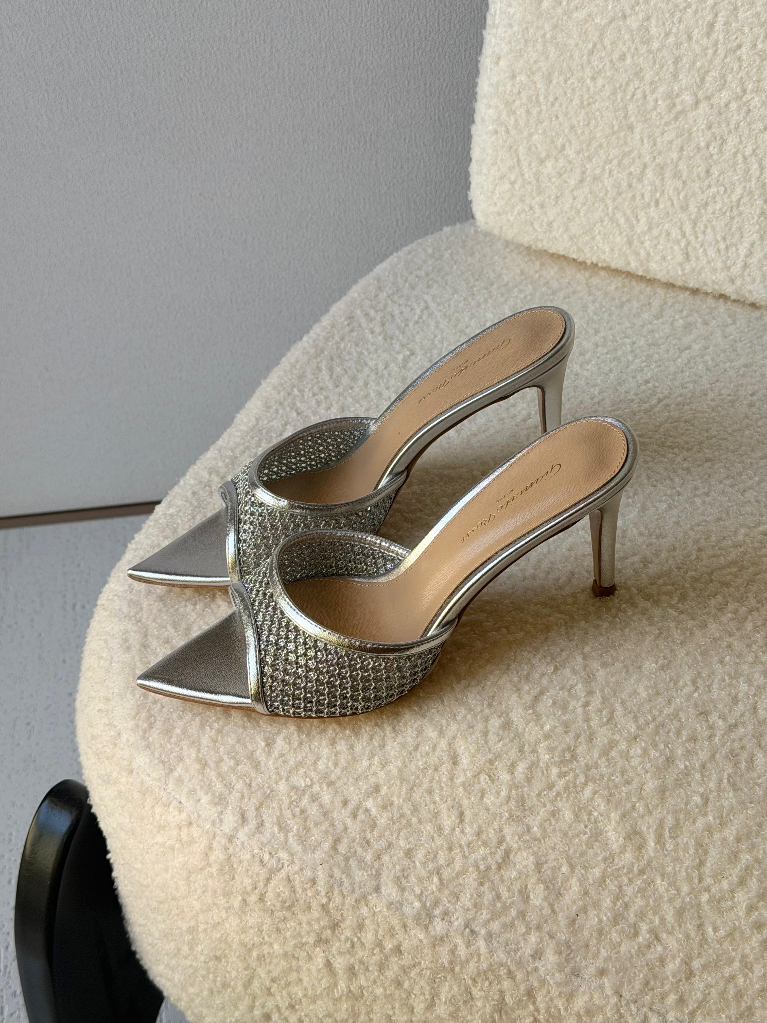 Gianvito Rossi Neutral Rania Organza Crystal Mules
