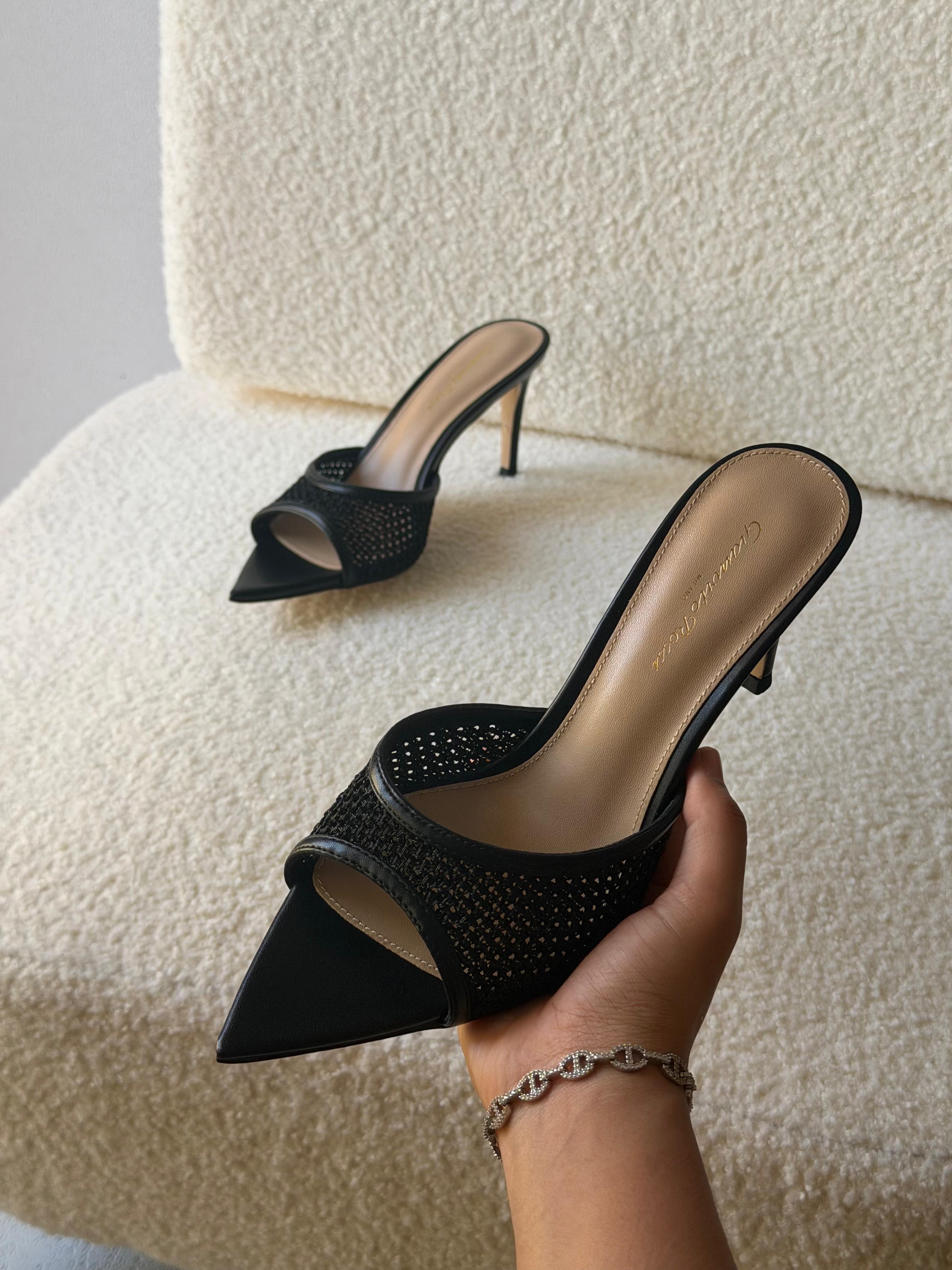 Gianvito Rossi Neutral Rania Organza Crystal Mules